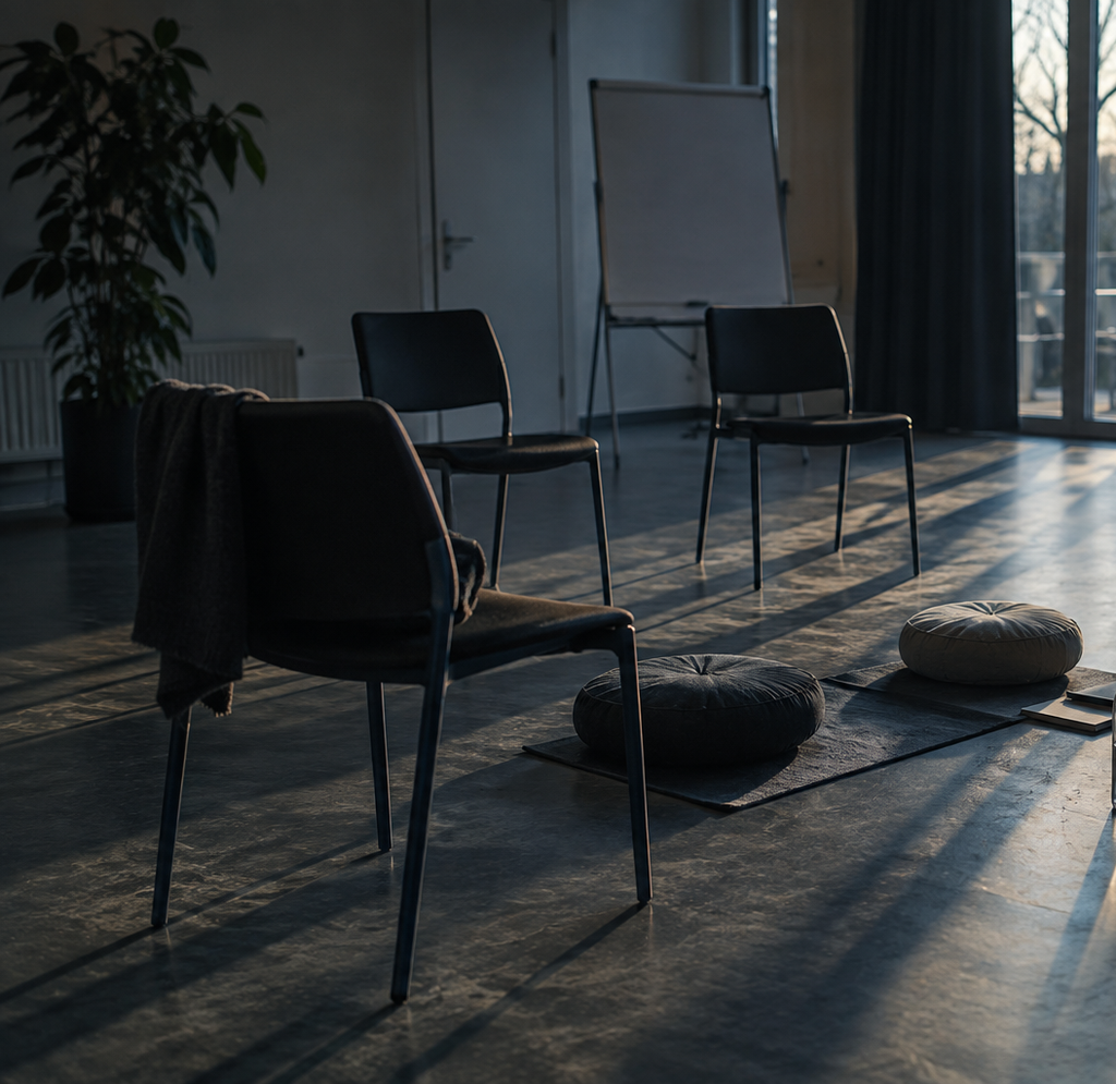 Home Ruimte voor de mindfulnesstraining met stoelen en meditatiekussens