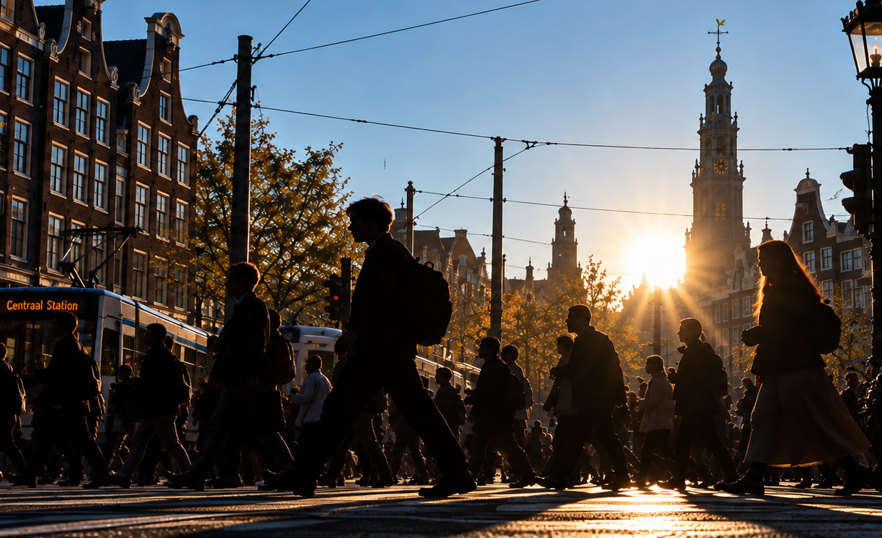 Home Drukke straat in Amsterdam in de avondzon